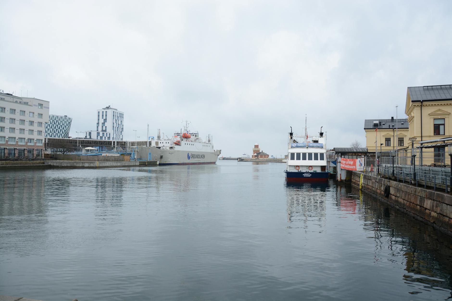 scenic harbor view with docked boats